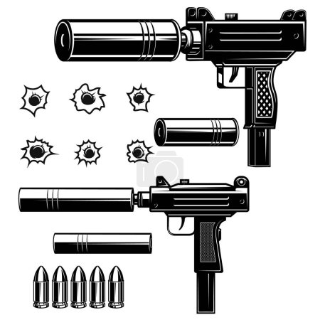 Ilustración de Conjunto de ametralladora Uzi, balas, agujeros de bala, silenciadores. Elemento de diseño para logotipo, etiqueta, signo, emblema. Ilustración vectorial - Imagen libre de derechos