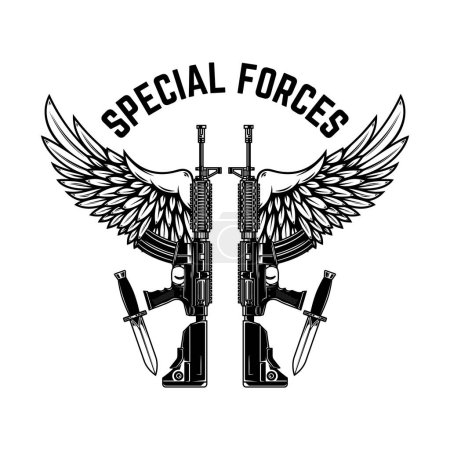 Téléchargez les illustrations : Forces spéciales. ar-15 fusils d'assaut avec des ailes. Élément de design pour logo, étiquette, signe, emblème. Illustration vectorielle - en licence libre de droit
