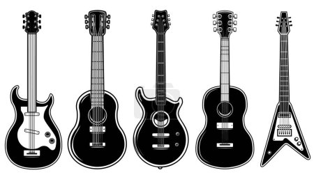 Ilustración de Conjunto de ilustraciones de guitarra aislada sobre fondo blanco. Elemento de diseño para logotipo, etiqueta, signo, emblema. Ilustración vectorial - Imagen libre de derechos