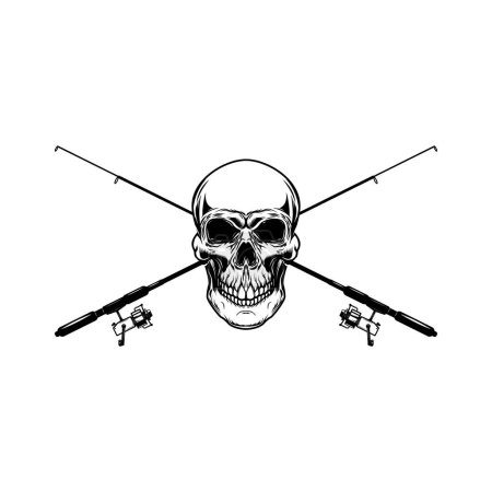Cráneo de pescador con cañas de pescar cruzadas. Elemento de diseño para logo, emblema, signo, póster, camiseta. Ilustración vectorial