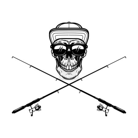 Cráneo de pescador con cañas de pescar cruzadas. Elemento de diseño para logo, emblema, signo, póster, camiseta. Ilustración vectorial