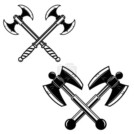 Illustration for Set of Illustrations of ancient battle axe in monochrome style. Design element for logo, emblem, sign, poster, t shirt. Vector illustration - Royalty Free Image