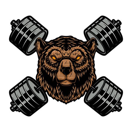Grizzly bear with crossed barbells. Design element for logo, emblem, sign, poster, t shirt. Vector illustration