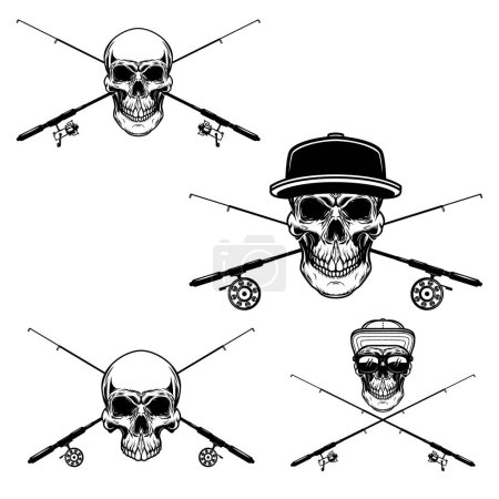 Fisherman skull with crossed fishing rods. Design element for logo, emblem, sign, poster, t shirt. Vector illustration