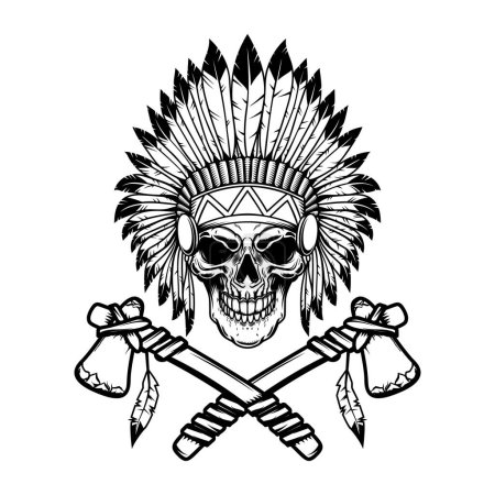 Illustration for Native american skull in traditional headdress and crossed tomahawks. Design element for logo, emblem, sign, poster, t shirt. Vector illustration - Royalty Free Image