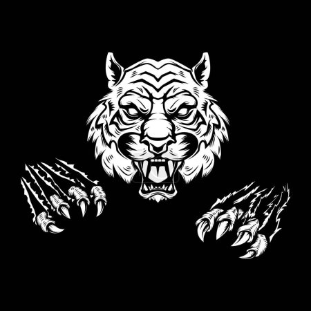 Cabeza de tigre y garras. Elemento de diseño para logo, emblema, signo, póster, camiseta. Ilustración vectorial