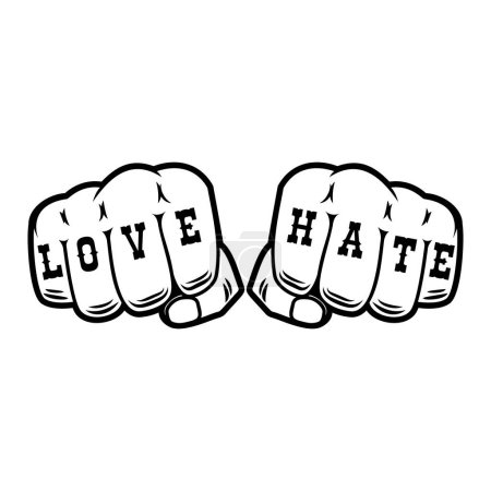 Menschliche Fäuste mit Tätowierungen lieben Hass. Gestaltungselement für Logo, Etikett, Schild. Vektorillustration