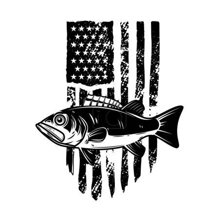 Rotbarsch auf amerikanischem Flaggenhintergrund. Gestaltungselement für Emblem, Schild, Abzeichen, Logo. Vektorillustration