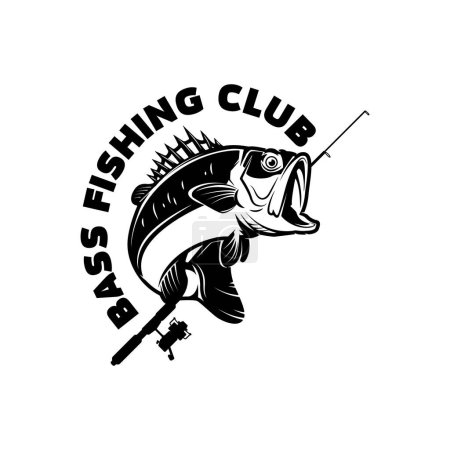 Illustration for Bass fishing club. Bass fish and fishing rod. Design element for logo, label, sign, badge. Vector illustration - Royalty Free Image