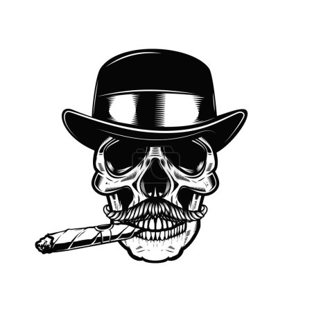 Illustration for Skull in vintage hat and with cigar. Design element for poster, card, banner, sign. Vector illustration - Royalty Free Image