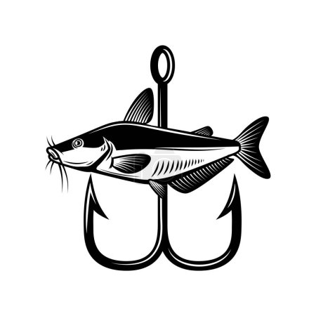 Illustration for Catfish and fishing hook. Design element for emblem, sign, badge, logo. Vector illustration - Royalty Free Image