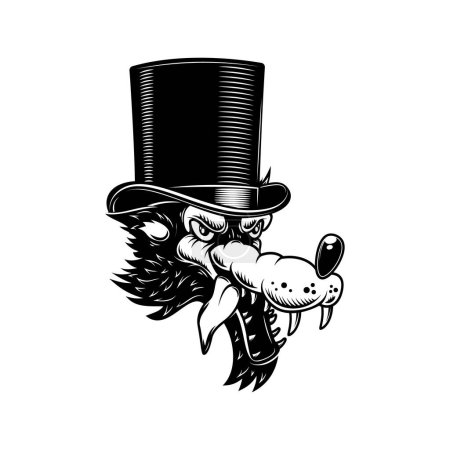 Illustration of wolf in vintage hat. Design element for logo, label, sign, poster, card. Vector illustration