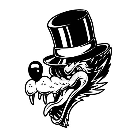 Illustration of wolf in vintage hat. Design element for logo, label, sign, poster, card. Vector illustration