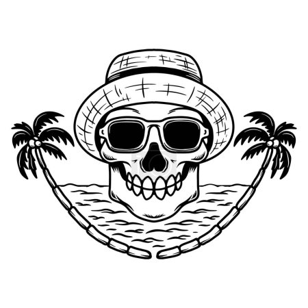 Illustration of skull in straw hat and sunglasses. Summer theme. Design element for poster, card, banner, emblem, sign. Vector illustration