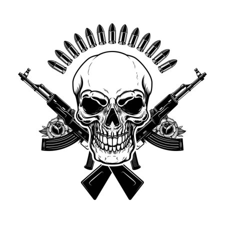 Illustration des Totenkopfes mit gekreuzten Sturmgewehren. Gestaltungselement für Logo, Etikett, Schild, Emblem. Vektorillustration