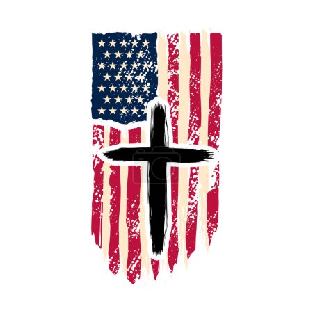 Christian cross on grunge american flag. Vector illustration