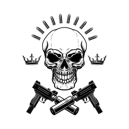 Illustration of the skull with crossed assault rifles. Design element for logo, label, sign, emblem. Vector illustration