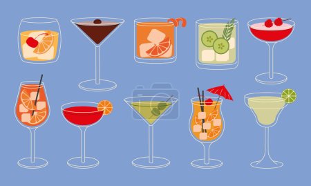 Conjunto de cócteles vector ilustración plana. Cócteles clásicos en diferentes tipos de vasos para el menú. Bebidas alcohólicas.