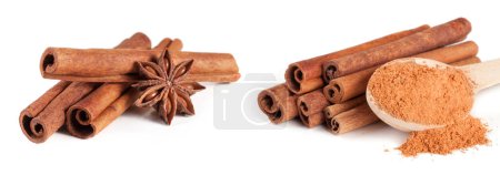 three cinnamon sticks with star anise isolated on white background.