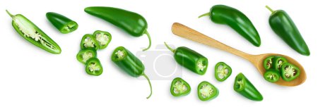 Photo for Jalapeno peppers isolated on white background. Green chili pepper . Top view with copy space for your text. Flat lay, - Royalty Free Image