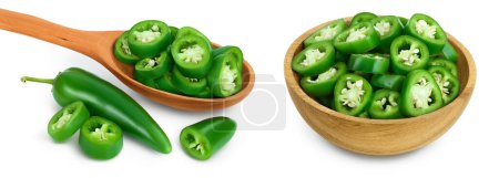 Photo for Sliced jalapeno pepper in wooden spoon and bowl isolated on white background. Green chili pepper with full depth of field - Royalty Free Image