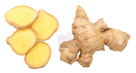 Photo for Slice of fresh Ginger root isolated on white background with copy space for your text. Top view. Flat lay. - Royalty Free Image