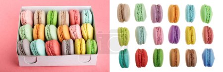Photo for Colorful macaroons in box on red white background closeup. - Royalty Free Image