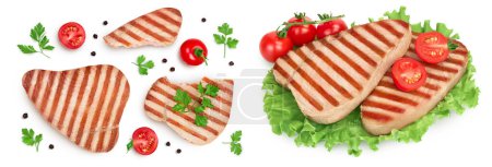Photo for Tuna fish steak grilled isolated on white background with full depth of field, Top view. Flat lay, - Royalty Free Image