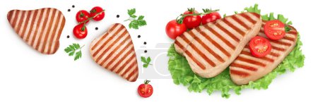 Photo for Tuna fish steak grilled isolated on white background . Top view with copy space for your text. Flat lay. - Royalty Free Image