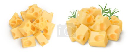 Foto de Cubitos de queso aislados sobre fondo blanco. Vista superior. Puesta plana. - Imagen libre de derechos