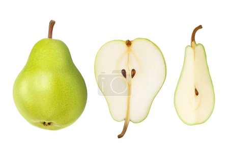 Green pear fruit with half and slices isolated on white background with clipping path. Top view. Flat lay.