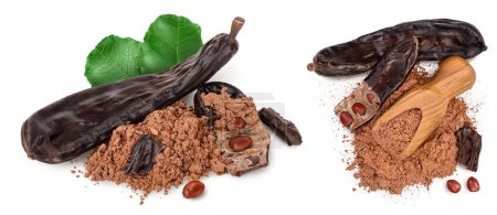 Photo for Carob pod and powder in wooden scoop isolated on white background . Top view with copy space for your text. Flat lay. - Royalty Free Image