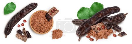 Photo for Carob pod and powder isolated on white background with full depth of field. Top view. Flat lay. - Royalty Free Image