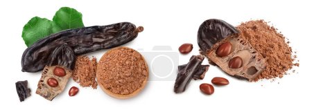 Photo for Carob pod and powder isolated on white background with full depth of field. Top view. Flat lay. - Royalty Free Image