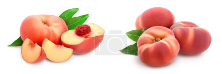 Ripe chinese flat peach fruit and half with leaf isolated on white background.