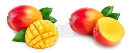 Photo for Mango fruit half with leaves and slices isolated on white background close-up. - Royalty Free Image