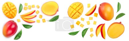 Photo for Mango fruit and half with slices isolated on white background with copy space for your text. Top view. Flat lay. - Royalty Free Image