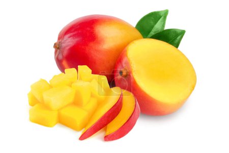 Photo for Cube and slices of Mango fruit isolated on white background close-up - Royalty Free Image