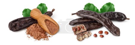 Photo for Carob pod and powder in wooden scoop isolated on white background with full depth of field - Royalty Free Image