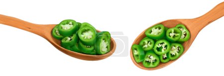 Photo for Sliced jalapeno pepper in wooden bowl isolated on white background. Green chili pepper . Top view. Flat lay. - Royalty Free Image