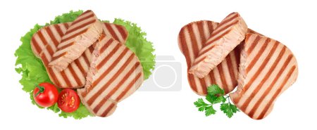 Photo for Tuna fish steak grilled isolated on white background with full depth of field. Top view. Flat lay. - Royalty Free Image