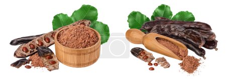 Photo for Carob pod and powder in wooden bowl isolated on white background with full depth of field - Royalty Free Image