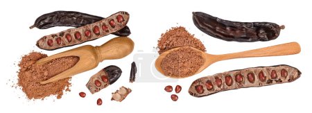 Photo for Carob pod and powder in wooden scoop isolated on white background. Top view. Flat lay. - Royalty Free Image