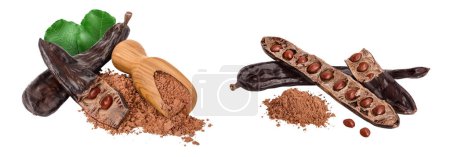 Photo for Carob pod and powder in wooden scoop isolated on white background with full depth of field - Royalty Free Image