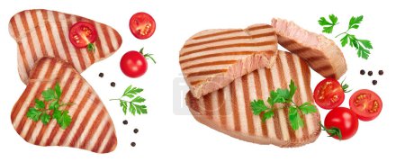 Photo for Tuna fish steak grilled isolated on white background. Top view. Flat lay. - Royalty Free Image