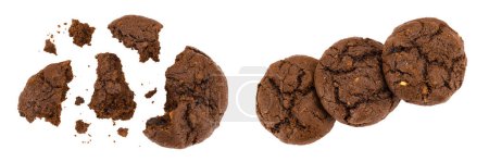 chocolate cookies broken isolated on white background with full depth of field. Top view. Flat lay.