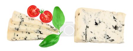 Blue cheese gorgonzola isolated on white background with full depth of field. Top view. Flat lay