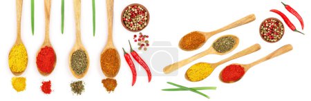 mix of spices in wooden spoon isolated on a white background. Top view. Flat lay. Set or collection.