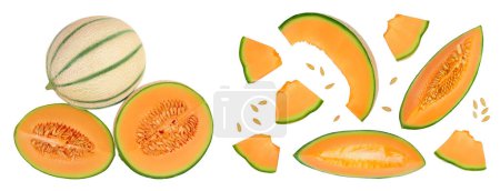 Cantaloupe Melone isoliert auf weißem Hintergrund mit voller Schärfentiefe. Ansicht von oben. Flache Lage.