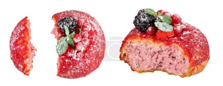Cake shu eclairs with berries and red crumble isolated on white background. Top view. Flat lay.